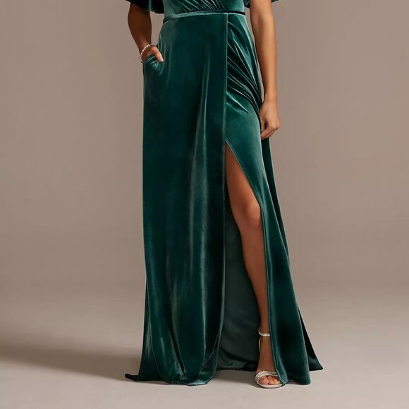 Davids Bridal | Stretch Velvet Flutter Sleeve Dress | Size 10 | Martini Olive - Picture 2 of 7